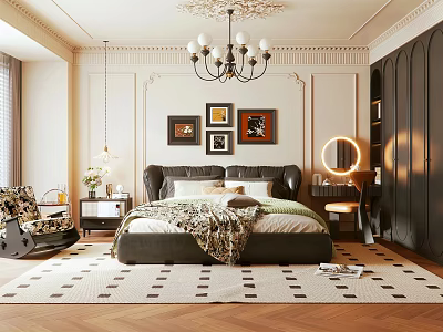 Luxurious Bedroom Interior With Chandelier Three Framed Paintings Dark Headboard And Geometric Rug 3d model
