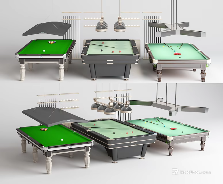 Billiards Sports Equipment With Green Felt Pool Tables And Hanging Lighting Fixtures 3d model 