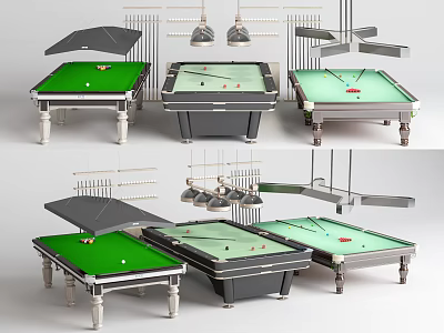 Billiards Sports Equipment With Green Felt Pool Tables And Hanging Lighting Fixtures 3d model
