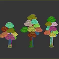 Three Different Sizes of Green Trees with Lush Foliage and Textured Trunks on Dark Background