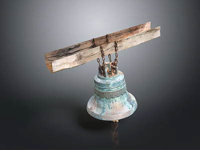 Turquoise Green Copper Bell Hanging Decoration With Wooden Beam And Chains 3d model