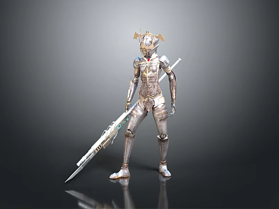 Silver Armored Character With Horned Helmet Holding Intricate Spear In Standing Pose 3d model