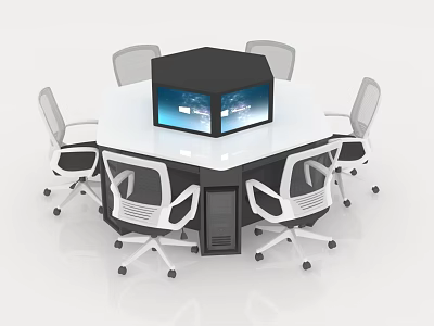 Functional Hexagonal Office Table With Integrated Display Screen And Swivel Chairs 3d model