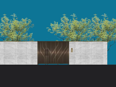 Modern Entrance Gate With Concrete Wall And Green Trees Against Blue Sky 3d model