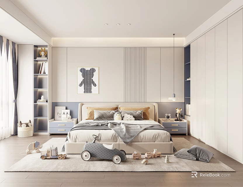 Cozy Modern Kids Room With Bear Painting Bed Toys Bookshelf And White Wardrobe 3d model 