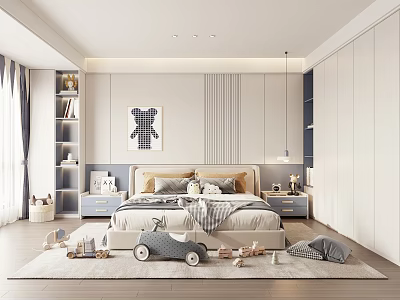 Cozy Modern Kids Room With Bear Painting Bed Toys Bookshelf And White Wardrobe 3d model