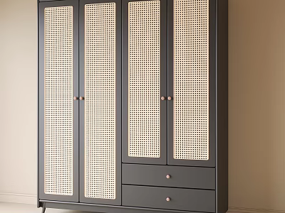 Modern Dark Colored Wardrobe With Rattan Woven Doors And Bottom Drawers 3d model
