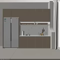 Modern Light Wood Kitchen Sideboard Cabinet with Refrigerator and Kitchen Items on Countertop