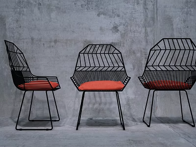Three Modern Leisure Chairs With Black Metal Geometric Frame And Red Cushioned Seats 3d model