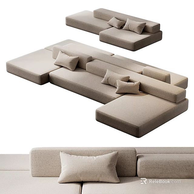 Modern Beige Fabric Sofa and Coffee Table Set with Modular Design and Comfortable Pillows 3d model