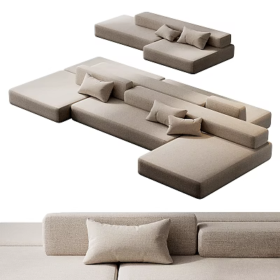 Modern Beige Fabric Sofa and Coffee Table Set with Modular Design and Comfortable Pillows 3d model
