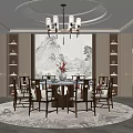 Chinese Style Restaurant Interior With Round Dining Table Chandelier Landscape Painting And Round Rug