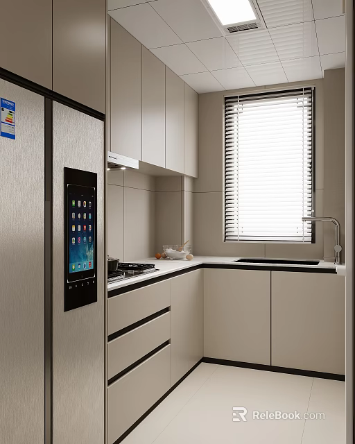 Modern Kitchen Interior With White Cabinets Stainless Steel Refrigerator Cooktop And Window Blinds 3d model 