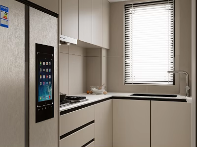 Modern Kitchen Interior With White Cabinets Stainless Steel Refrigerator Cooktop And Window Blinds 3d model
