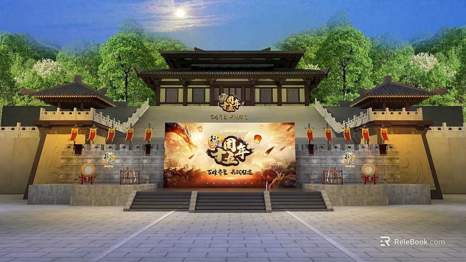 Traditional Chinese Architecture Cultural Stage With Large Screen Red Lanterns Green Trees And Night Moon 3d model 
