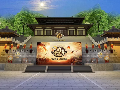 Traditional Chinese Architecture Cultural Stage With Large Screen Red Lanterns Green Trees And Night Moon 3d model