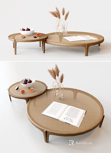 Two Round Rattan Coffee Tables with Open Book Fruits and Pampas Grass Decor 3d model 