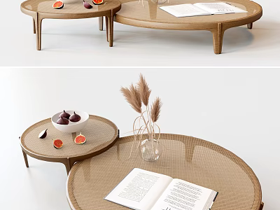 Two Round Rattan Coffee Tables with Open Book Fruits and Pampas Grass Decor 3d model