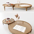 Two Round Rattan Coffee Tables with Open Book Fruits and Pampas Grass Decor