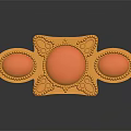 Golden Decorative Object Featuring Oval Shaped Red Gemstones and Ornate Patterns