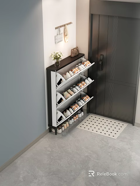 Modern Entryway Shoe Cabinet With Multiple Shelves Organized Shoes Doormat And Decorative Vase 3d model 