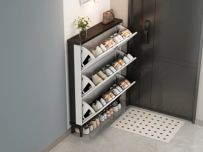 Modern Entryway Shoe Cabinet With Multiple Shelves Organized Shoes Doormat And Decorative Vase 3d model