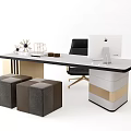 Modern Desk Interior With Computer Chair Drawer Cabinet And Stools 3d model
