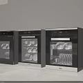 Three Sleek Modern Kitchen Appliances In Black Silver With Glass Doors Showing Dishes Inside