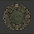 Vintage Industrial Metal Wheel Featuring Patina Green Brown Finish with Bolts and Ribbed Design