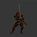 Epic Game Movie Character In Decorative Armor With Antler Helmet Holding Long Sword Green Trim