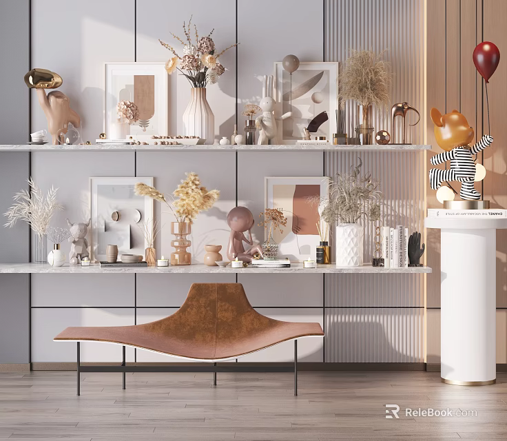 Modern Decorative Ornament Combination on White Shelves with Vases Sculptures Photo Frames and Dried Flowers 3d model 