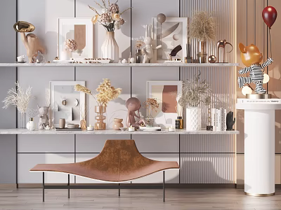 Modern Decorative Ornament Combination on White Shelves with Vases Sculptures Photo Frames and Dried Flowers 3d model