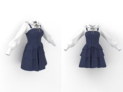 Stylish Navy Blue And White Dresses With Long Sleeves Bow Tie Neck And Layered Skirt 3d model