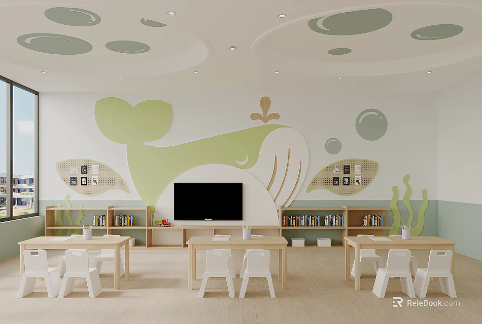 Modern Kindergarten Interior With Whale Mural White Chairs And Shelves 3d model 