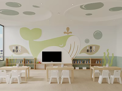 Modern Kindergarten Interior With Whale Mural White Chairs And Shelves 3d model