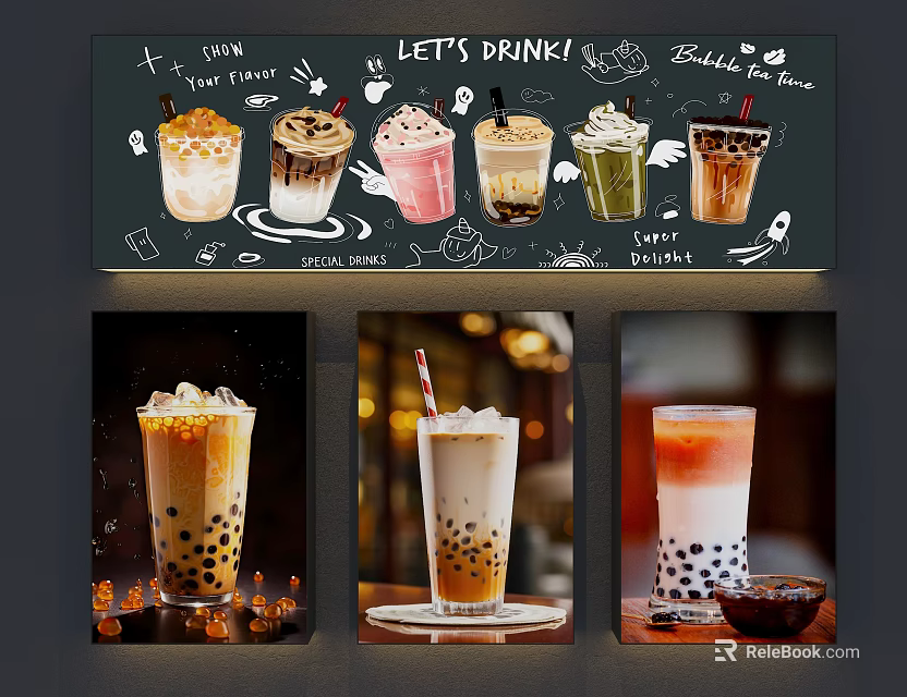 Bubble Tea Themed Wall Decor With Drink Illustrations And Cafe Art Prints 3d model