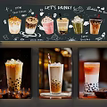 Bubble Tea Themed Wall Decor With Drink Illustrations And Cafe Art Prints 3d model
