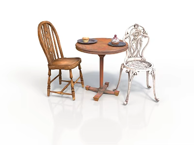 Round Wooden Table With Two Chairs One Wooden And One Ornate Metal With Plates 3d model