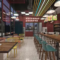 Vibrant Shopping Mall Store With Red Walls Neon Signs Glass Doors And Green Bar Stools
