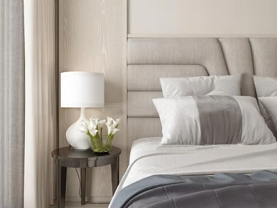 Modern Bedroom Table Lamp On Nightstand With Flower Vase And Soft Pillows 3d model