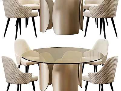 Modern Dining Table Set With Round Glass Top And Beige Woven Chairs With Black Legs 3d model