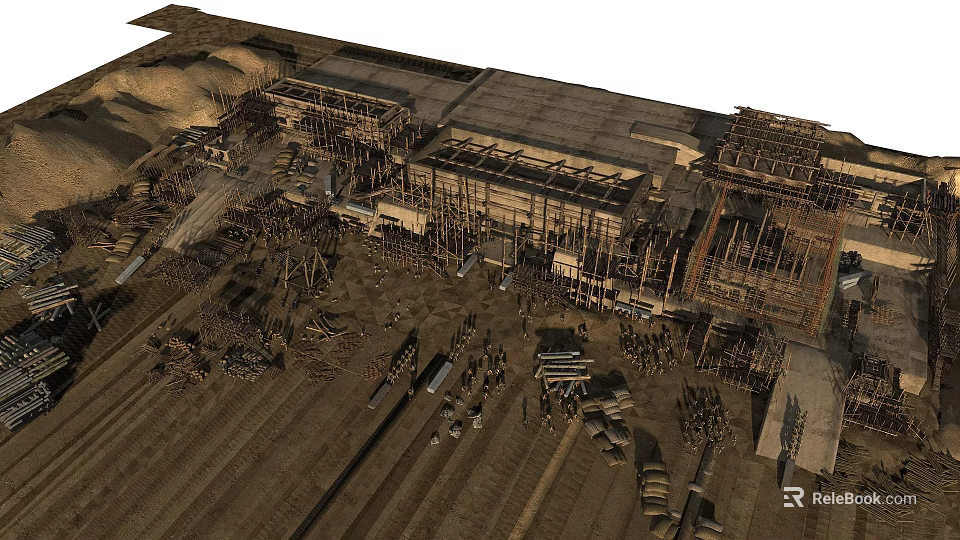 Aerial View Of Abandoned Old Industrial Factory Complex With Exposed Ruined Building Frames 3d model 