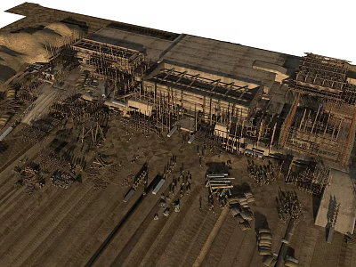 Aerial View Of Abandoned Old Industrial Factory Complex With Exposed Ruined Building Frames 3d model