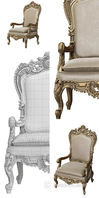 Luxurious Ornate Accent Chair With Intricate Carvings Gold Frame And Velvet Cushion 3d model 