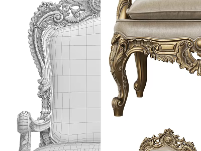 Luxurious Ornate Accent Chair With Intricate Carvings Gold Frame And Velvet Cushion 3d model