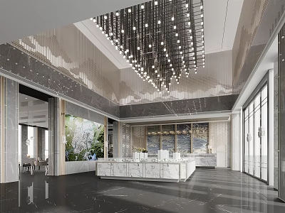 Luxury Sales Office with Modern Chandelier Marble Display Counter and Floor to Ceiling Windows 3d model