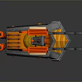 Colorful Utility Vehicle With Red Orange Structure Large Saw Blade Mechanical Arm And Wheels