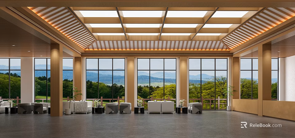 Spacious Service Hall Interior With Large Windows And Natural Scenery 3d model 
