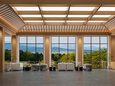 Spacious Service Hall Interior With Large Windows And Natural Scenery 3d model