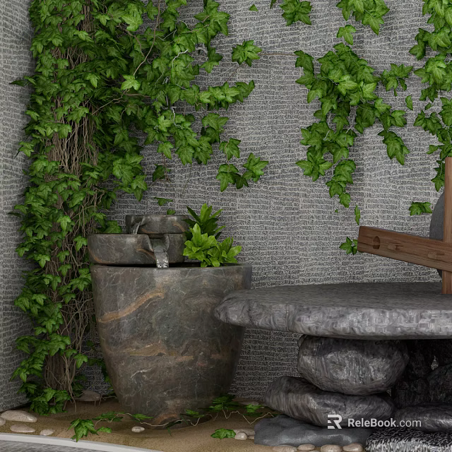 Garden Decor with Green Vines Covered Wall Stone Water Basin Plants and Stone Bench 3d model 